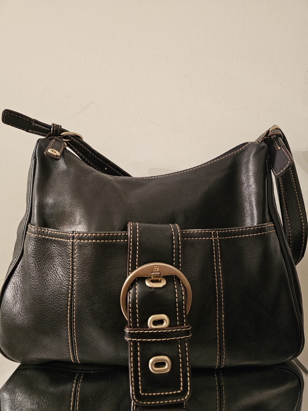 Etienne Aigner Y2K EraBlack Leather Hobo with Contrast Stitching & Gold Hardware